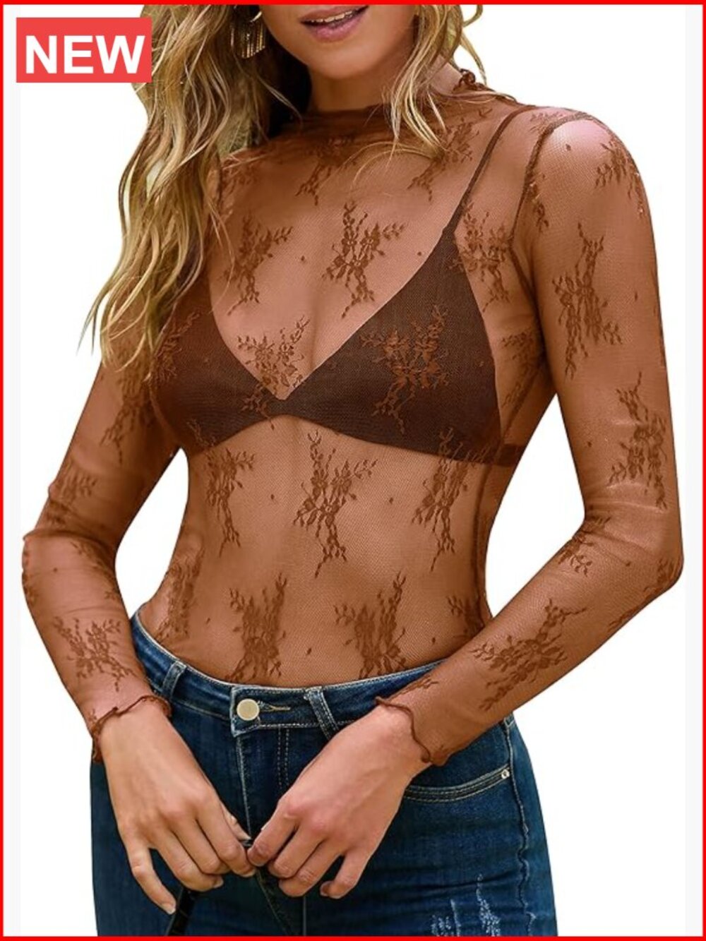 Mesh Sheer Lace Long Sleeve Top Mock Neck See Through Blouse